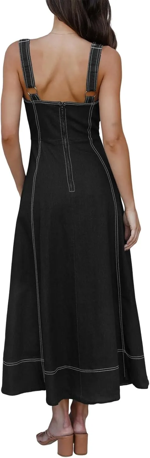 Fisoew Women's Long Denim Dress Sleeveless Adjustable Straps A Line Maxi Dress with Pockets