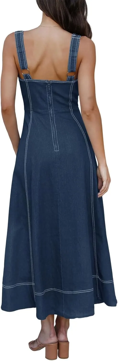 Fisoew Women's Long Denim Dress Sleeveless Adjustable Straps A Line Maxi Dress with Pockets