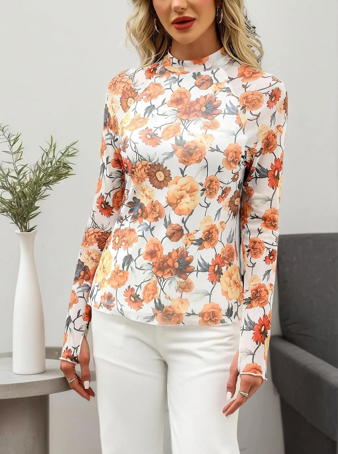 Floral Mesh Top for Women Mock Neck Long Sleeve Floral Shirts Date Night Outfit