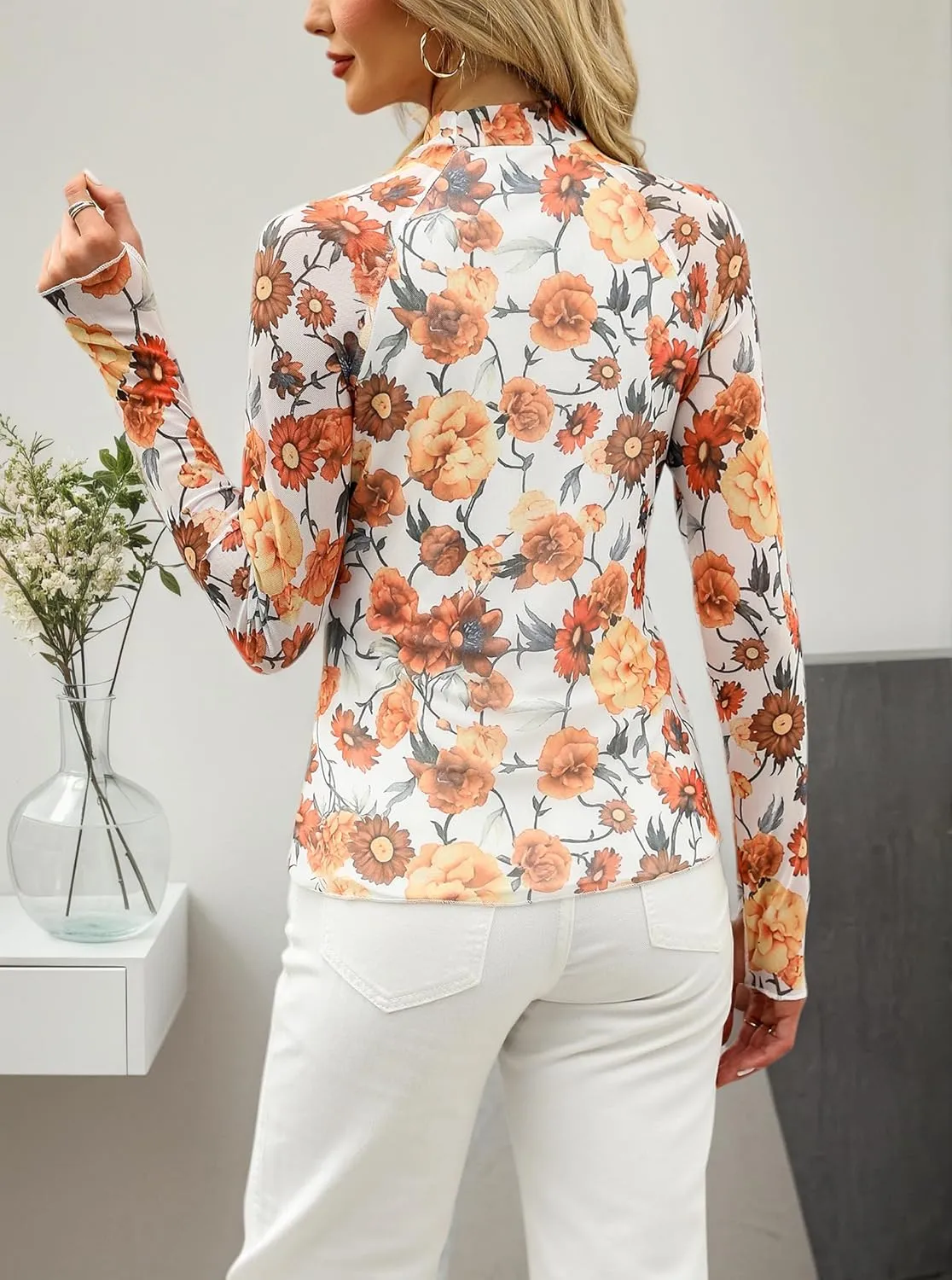 Floral Mesh Top for Women Mock Neck Long Sleeve Floral Shirts Date Night Outfit