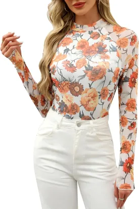 Floral Mesh Top for Women Mock Neck Long Sleeve Floral Shirts Date Night Outfit