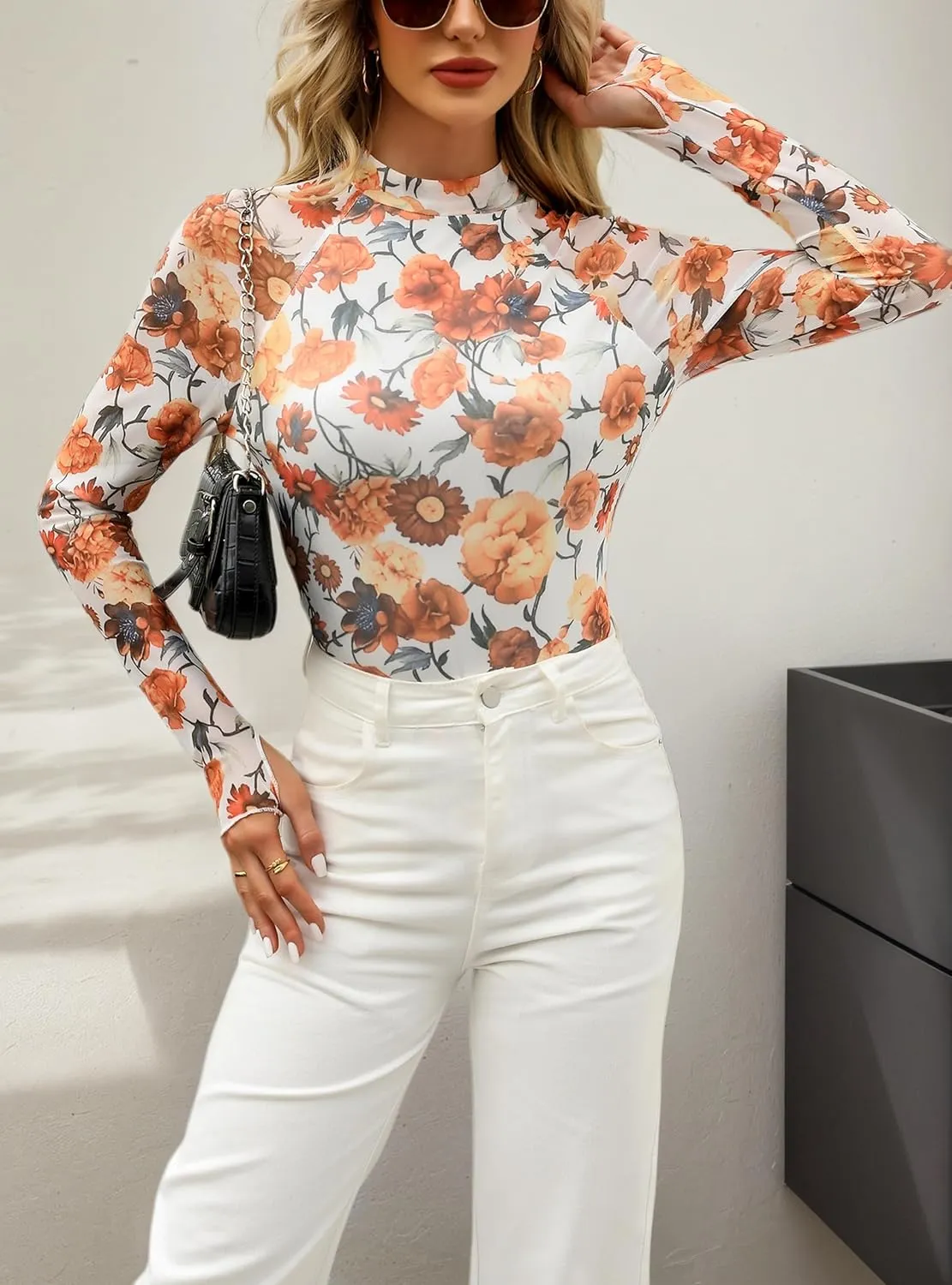 Floral Mesh Top for Women Mock Neck Long Sleeve Floral Shirts Date Night Outfit