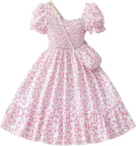 Floral Print Smocked Dress, White with Flower, Princess Style