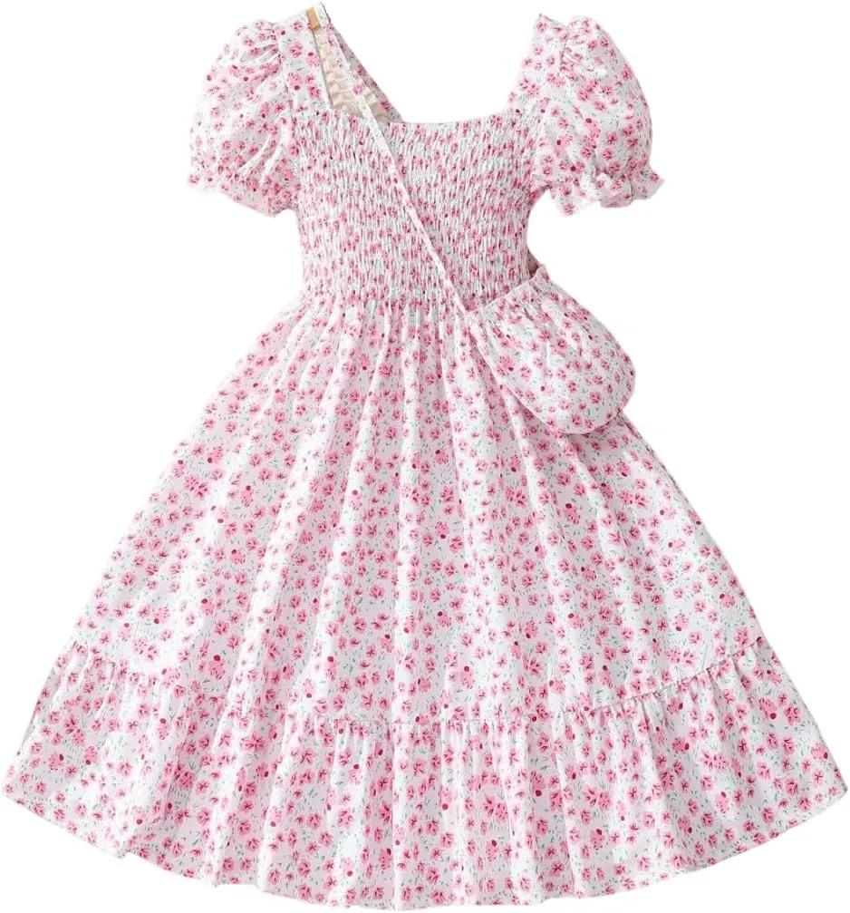 Floral Print Smocked Dress, White with Flower, Princess Style