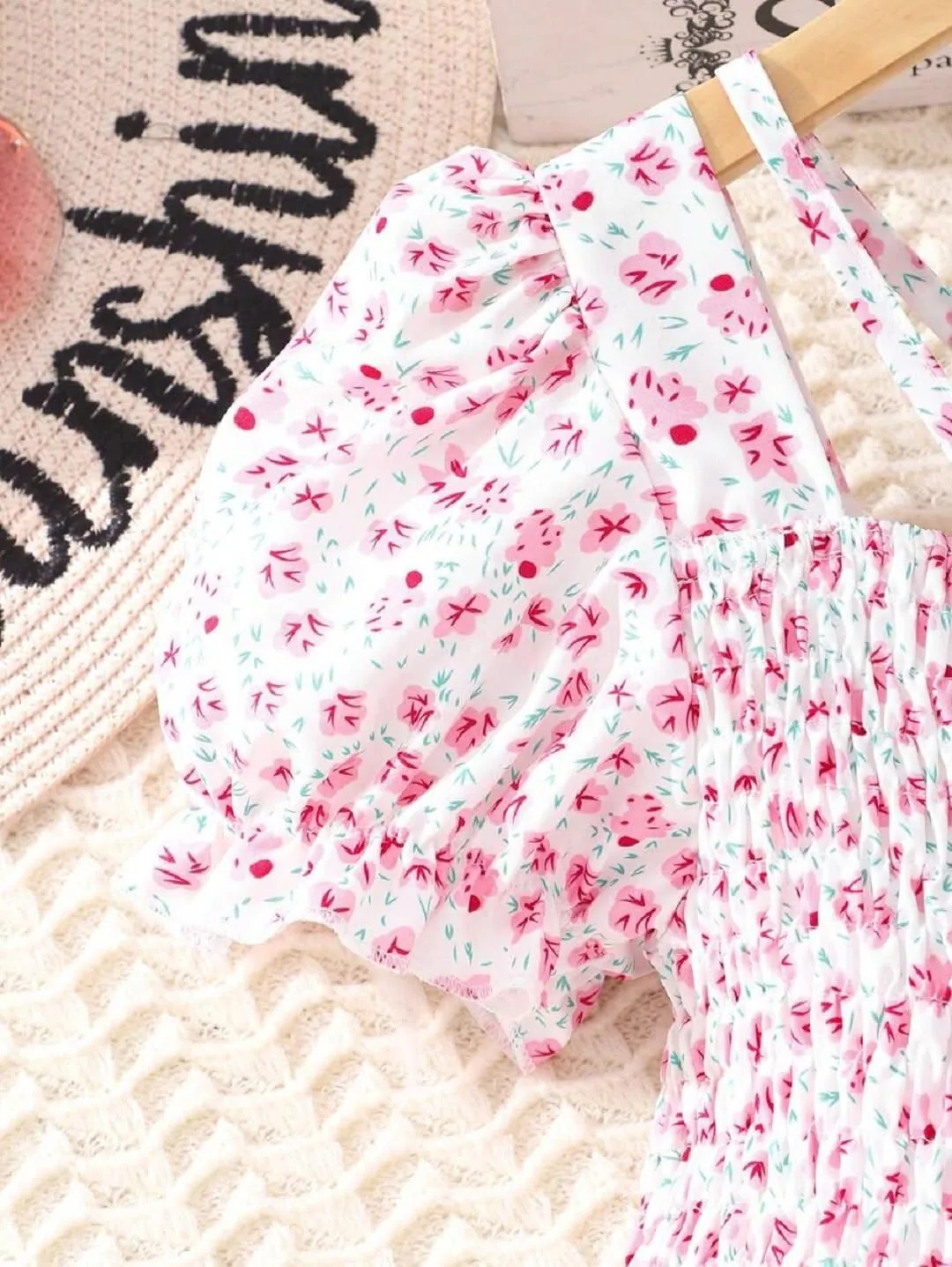 Floral Print Smocked Dress, White with Flower, Princess Style