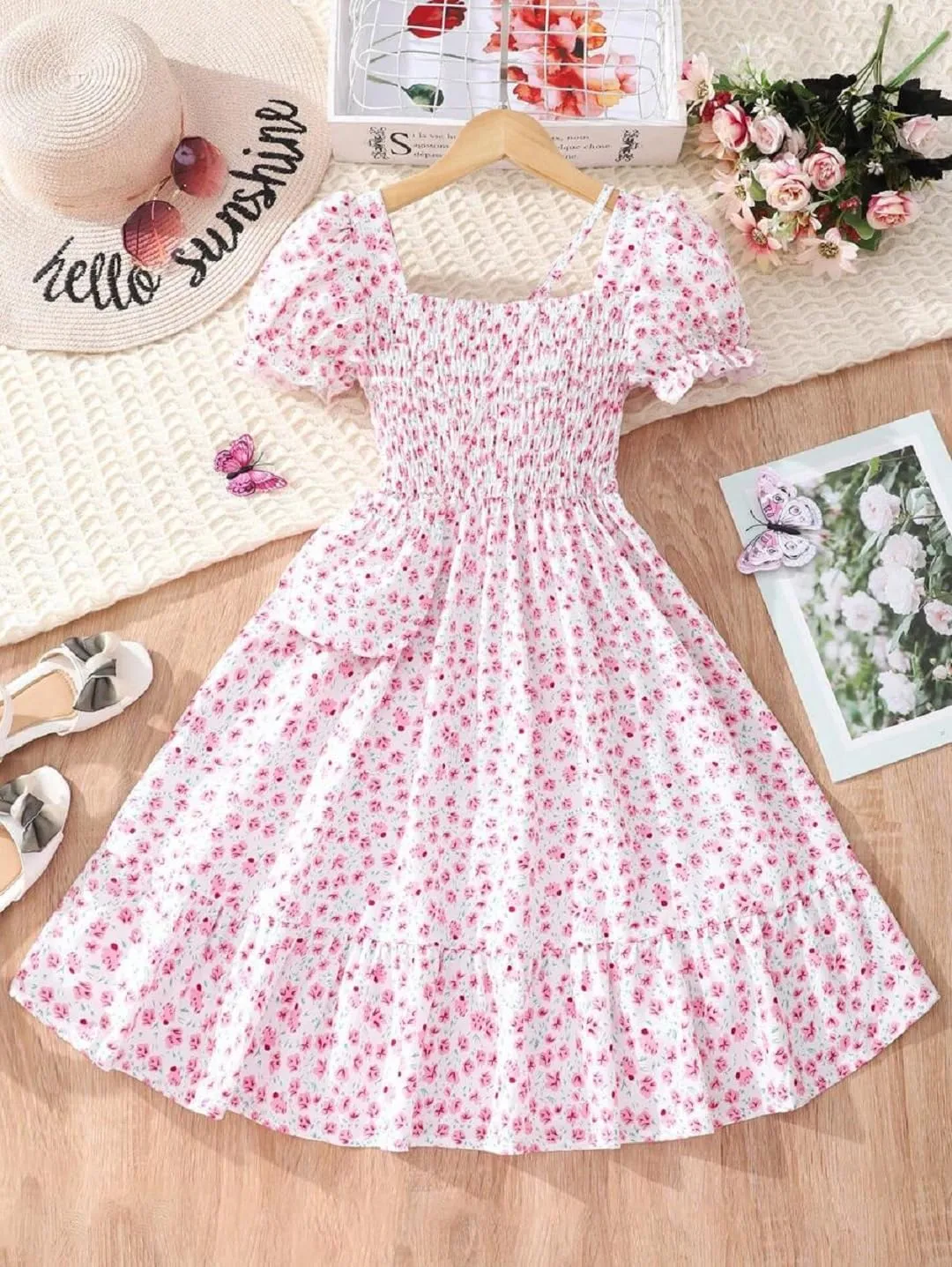 Floral Print Smocked Dress, White with Flower, Princess Style