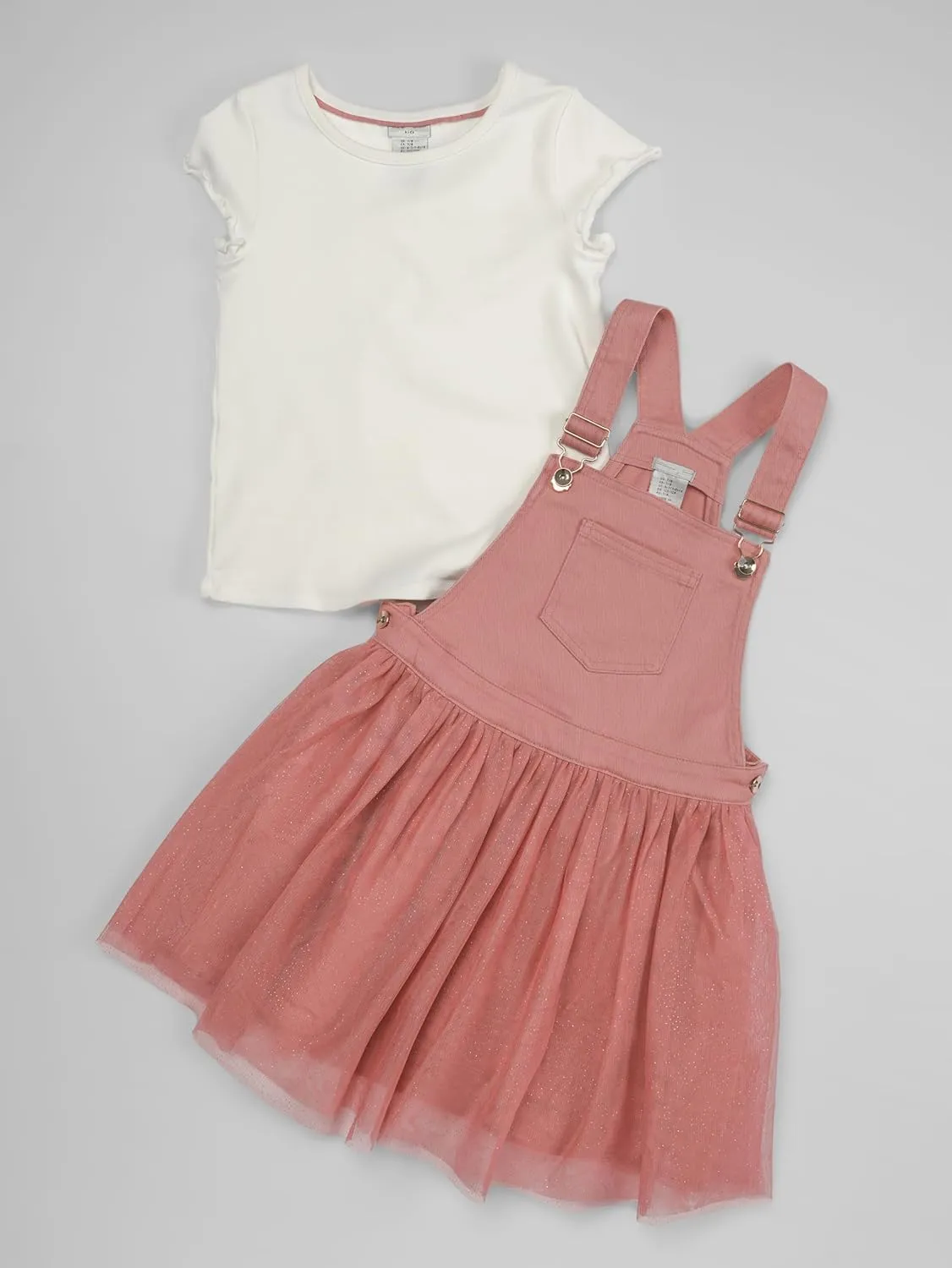 Girls' Suspender Denim Overall Tulle Skirt with White T-Shirt Set – 2-Piece Toddler Outfit Wear 4-12 Years