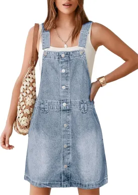Glamaker Women's Denim Overall Dress Jean Sleeveless 2025 Mini Pinafore Shorts Jumper Button Dress with Pocket