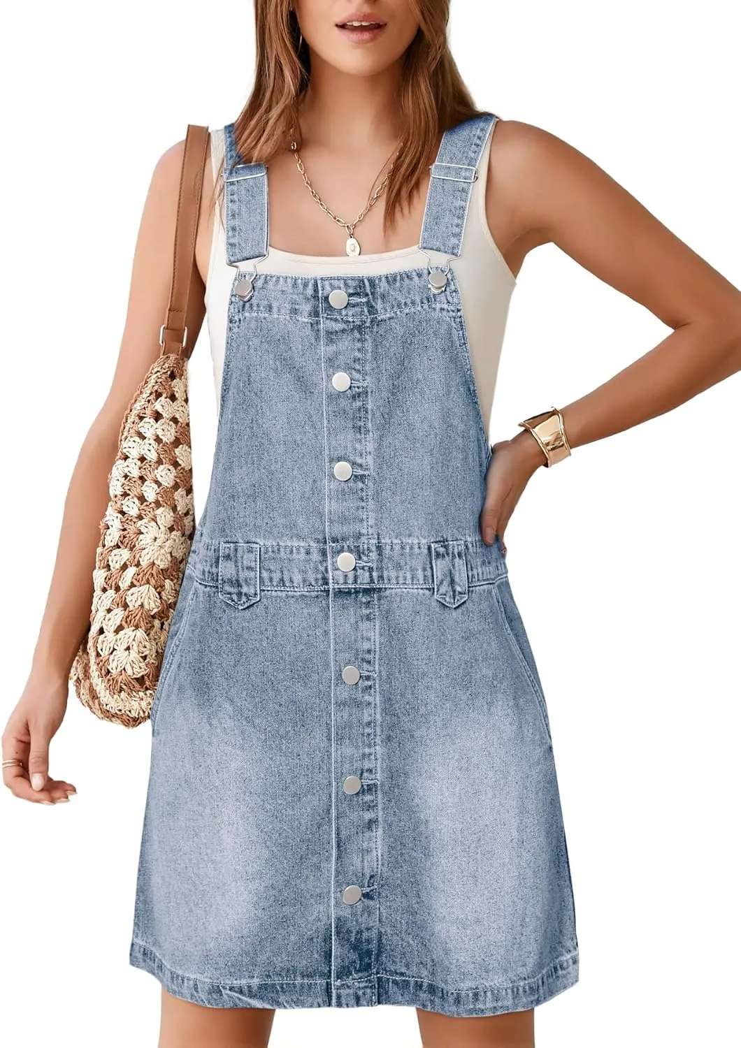 Glamaker Women's Denim Overall Dress Jean Sleeveless 2025 Mini Pinafore Shorts Jumper Button Dress with Pocket