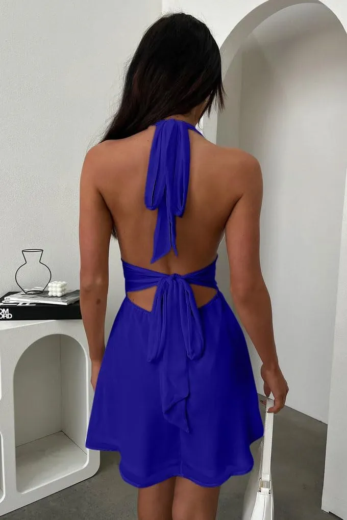 GOKATOSAU Women's Halter Deep V Neck Flowy Chiffon Bow Tie Backless Summer Mini Dress