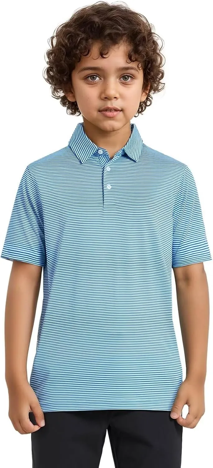 Golf Shirts for Boys Short Sleeve Moisture Wicking Dry Fit Performance Kids Youth Sport Striped Boys Polo Shirts