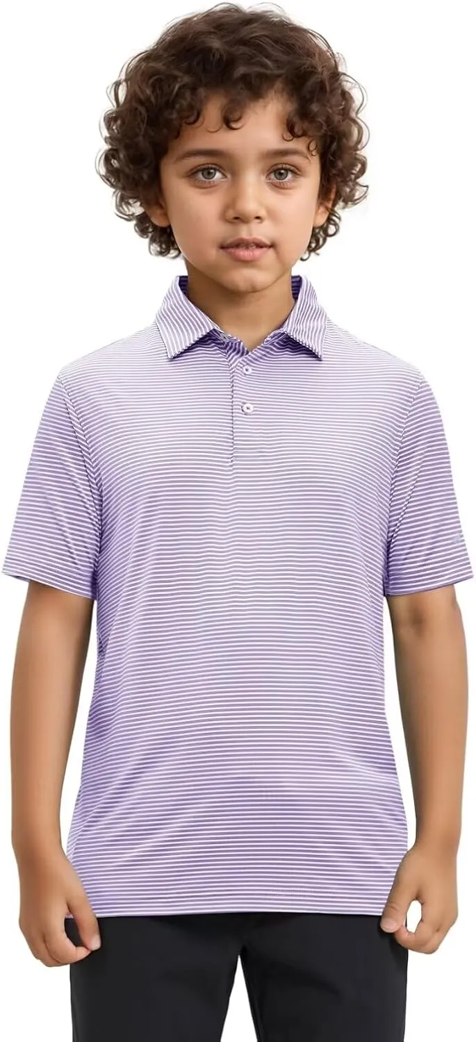 Golf Shirts for Boys Short Sleeve Moisture Wicking Dry Fit Performance Kids Youth Sport Striped Boys Polo Shirts
