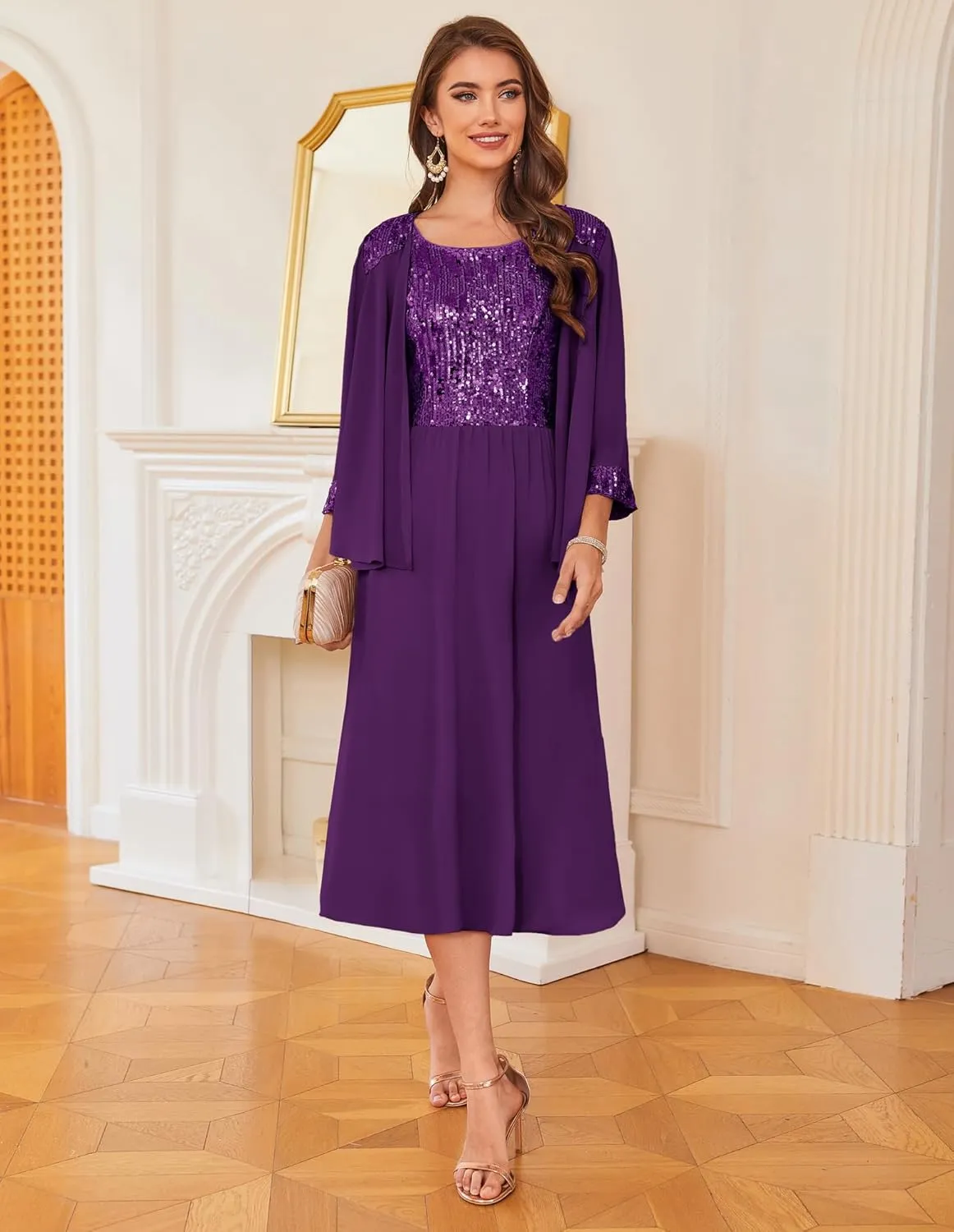 GRACE KARIN Wedding Guest Dress Mother of The Bride Dresses Two Piece Formal Sequin Dress with Jacket Tea Length 2025