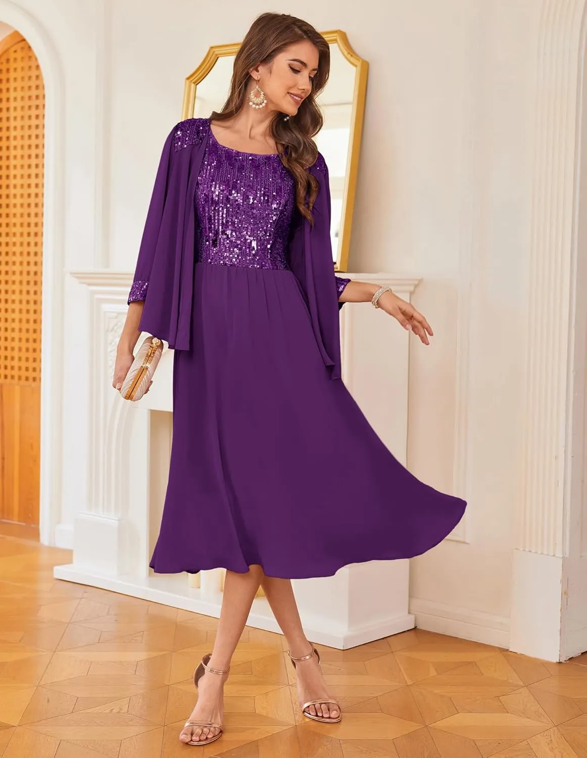 GRACE KARIN Wedding Guest Dress Mother of The Bride Dresses Two Piece Formal Sequin Dress with Jacket Tea Length 2025