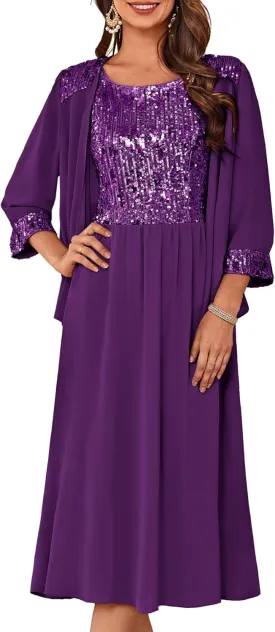 GRACE KARIN Wedding Guest Dress Mother of The Bride Dresses Two Piece Formal Sequin Dress with Jacket Tea Length 2025