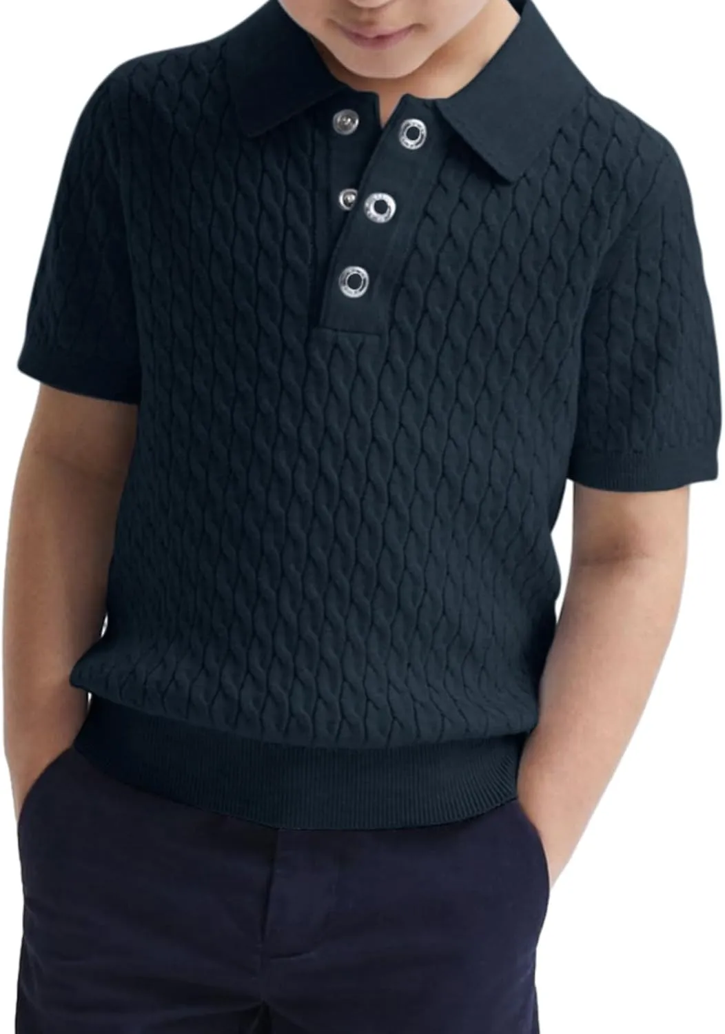 Haloumoning Boys Cable Knit Polo Shirt Kids Short Sleeve Sweater Fashion Pullover Tops Clothes 5-14 Years