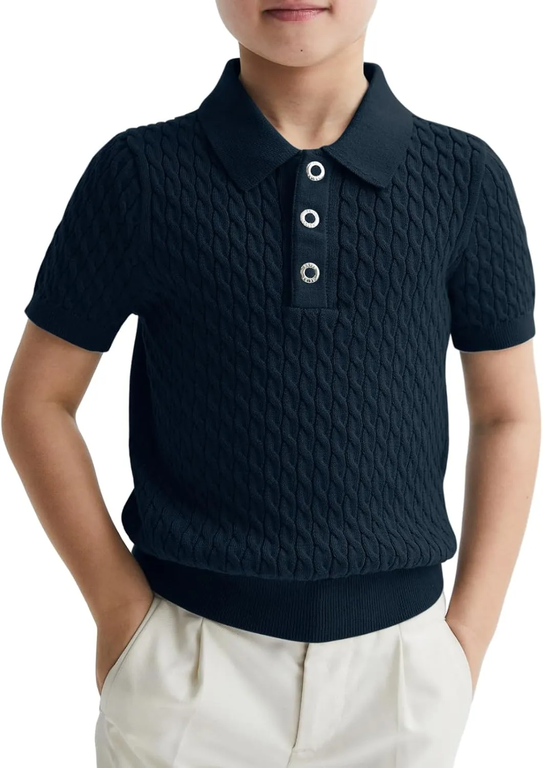 Haloumoning Boys Cable Knit Polo Shirt Kids Short Sleeve Sweater Fashion Pullover Tops Clothes 5-14 Years