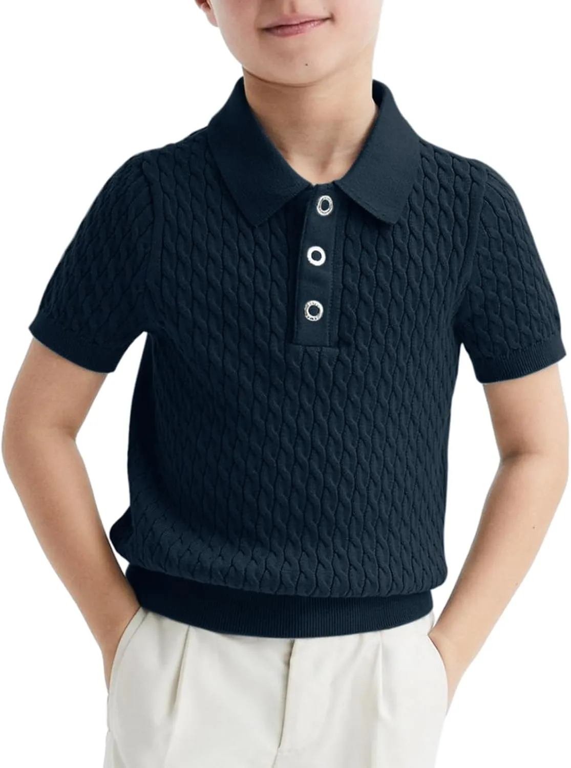Haloumoning Boys Cable Knit Polo Shirt Kids Short Sleeve Sweater Fashion Pullover Tops Clothes 5-14 Years