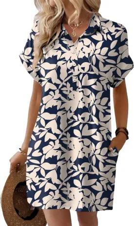 HOTOUCH Womens Summer Shirt Dress Short Sleeve Floral Shift Dresses Casual Loose Flowy Beach Sundress with Pockets