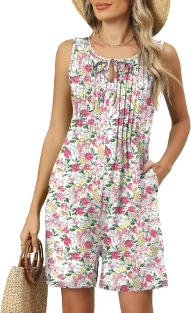 IECCP Womens Rompers 2025 Summer Trendy Pleated Jumpsuit Casual Loose Shorts Overall Sleeveless Outfits with Pockets