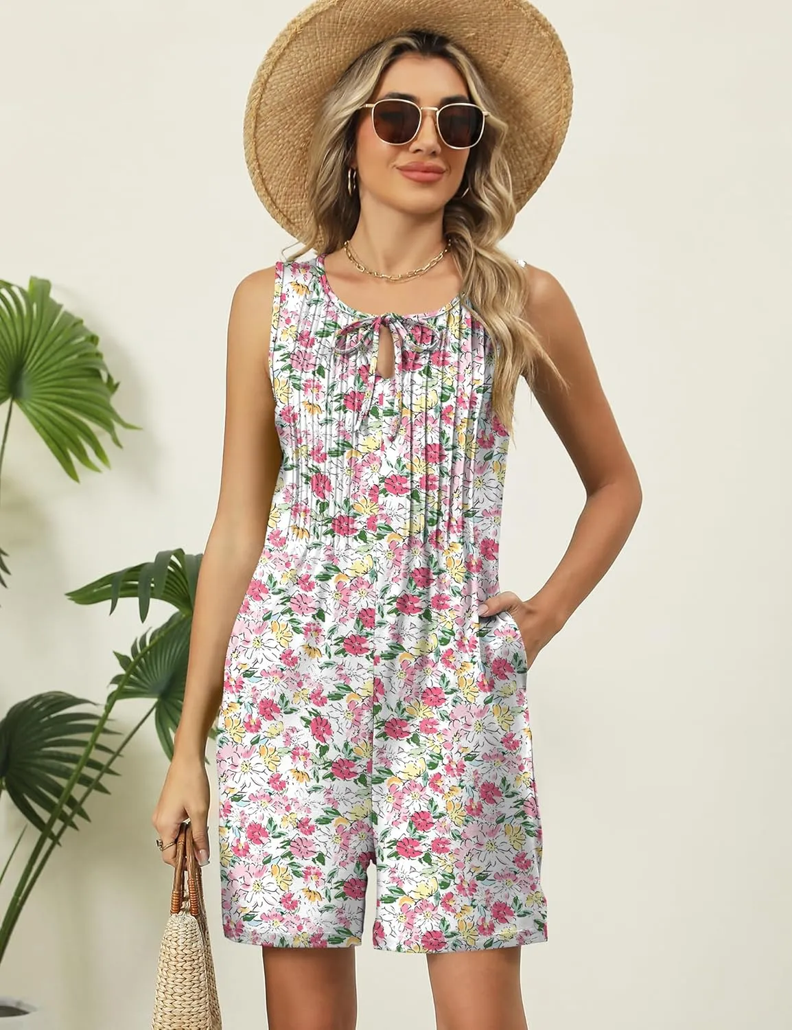 IECCP Womens Rompers 2025 Summer Trendy Pleated Jumpsuit Casual Loose Shorts Overall Sleeveless Outfits with Pockets