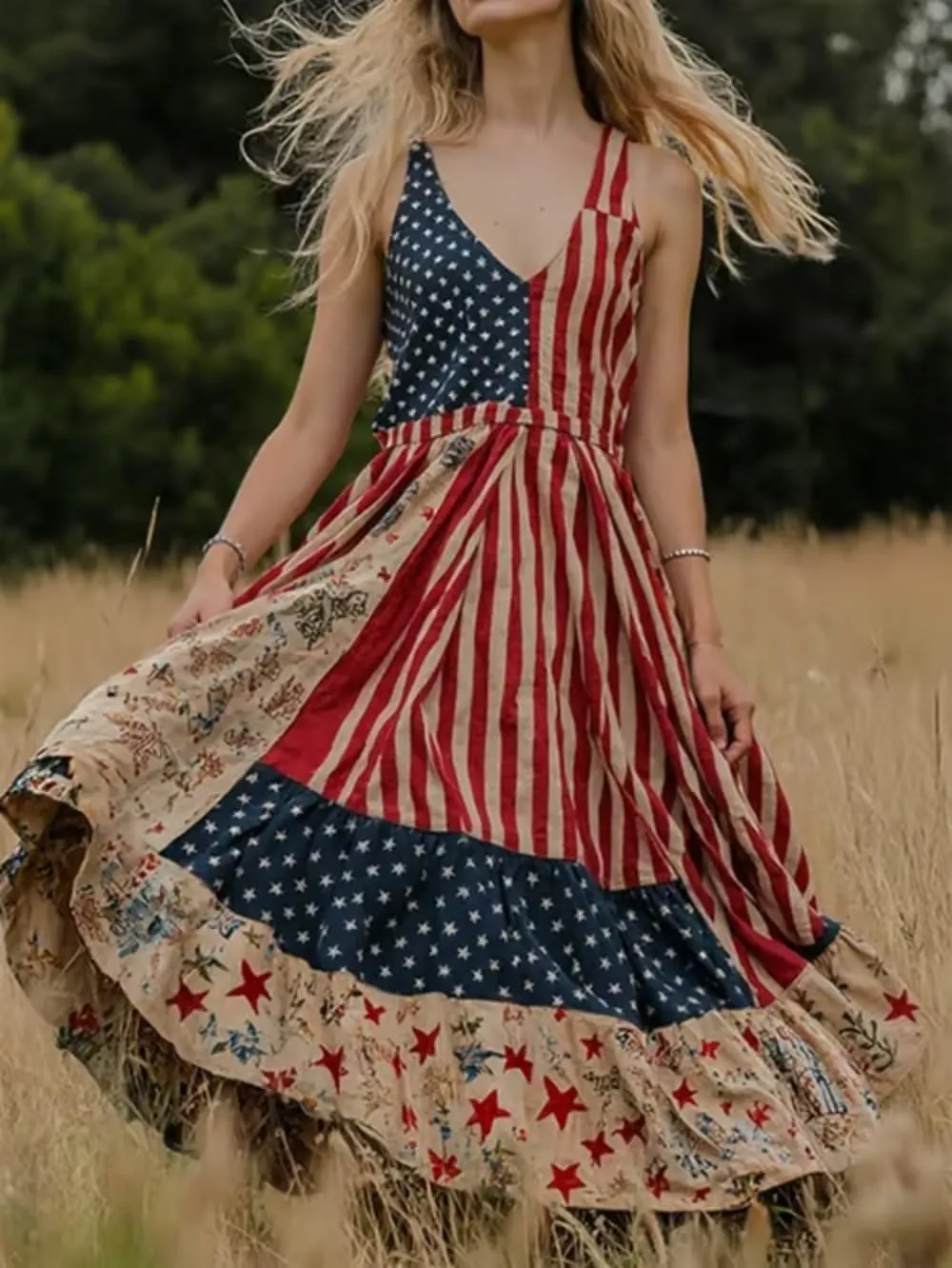 Independence Day Dress for Women 4th of July Floral Dress Vintage Red Blue White