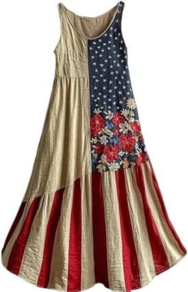 Independence Day Maxi Dresses for Women Red White Blue Dress Art Flower Print