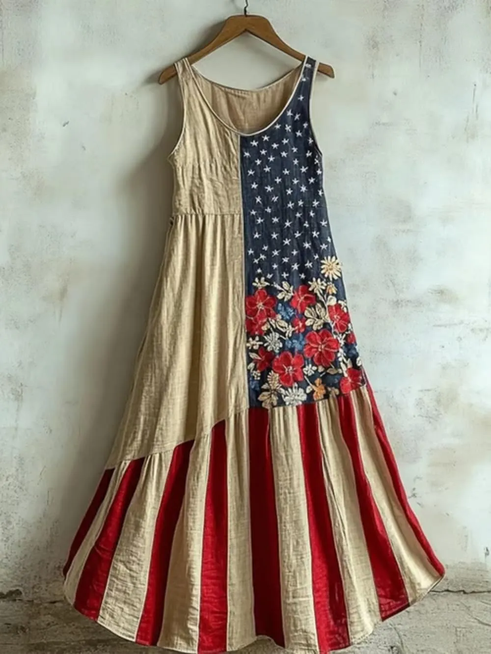 Independence Day Maxi Dresses for Women Red White Blue Dress Art Flower Print