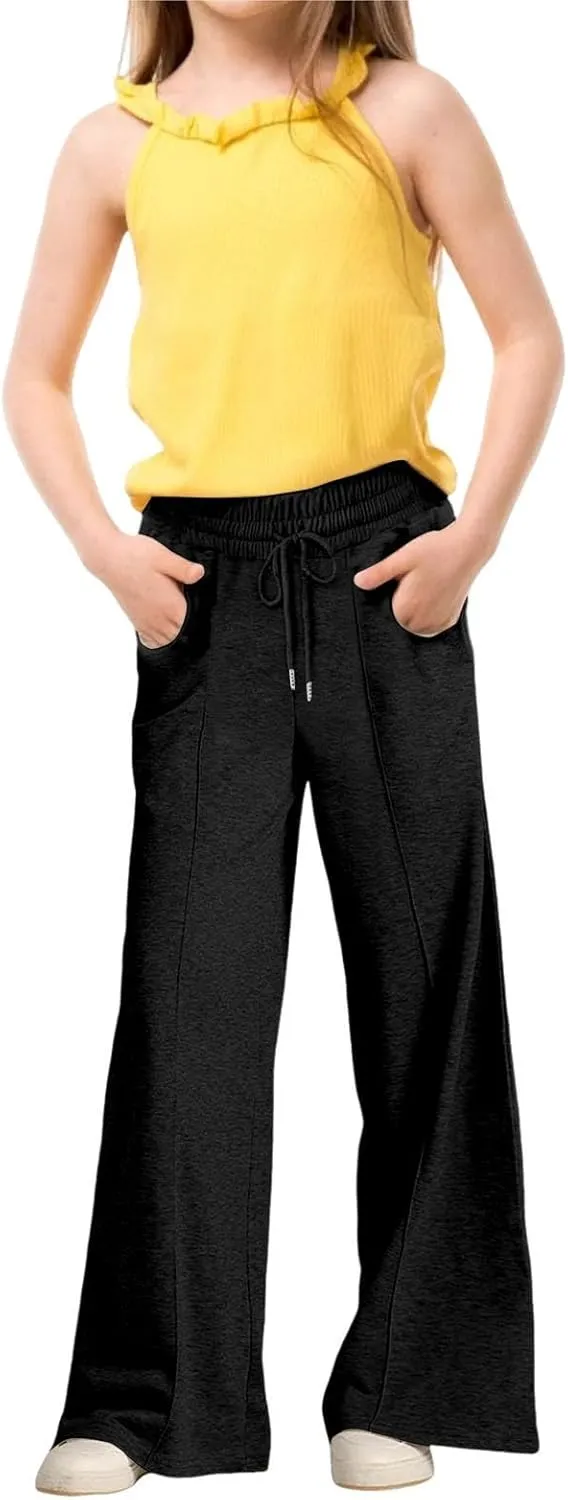 Kids Girls Wide Leg Sweatpants rawstring Straight Elastic Waisted Baggy Breathable Pants Pocket Trousers
