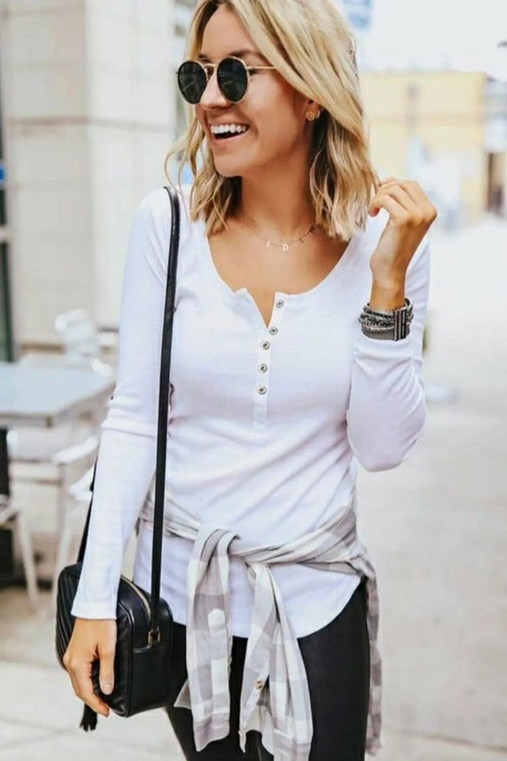 KILIG Womens 2024 Long Sleeve V-Neck Button Loose Casual Henley Tunic Tops T Shirt Fashion