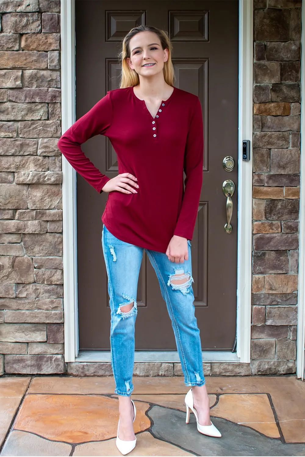 KILIG Womens 2024 Long Sleeve V-Neck Button Loose Casual Henley Tunic Tops T Shirt Fashion