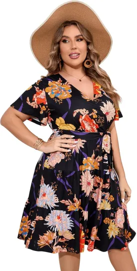 KOJOOIN Women Plus Size V Neck Wrap Dress High Waisted Short Sleeves Summer Casual Midi Dress with Belt