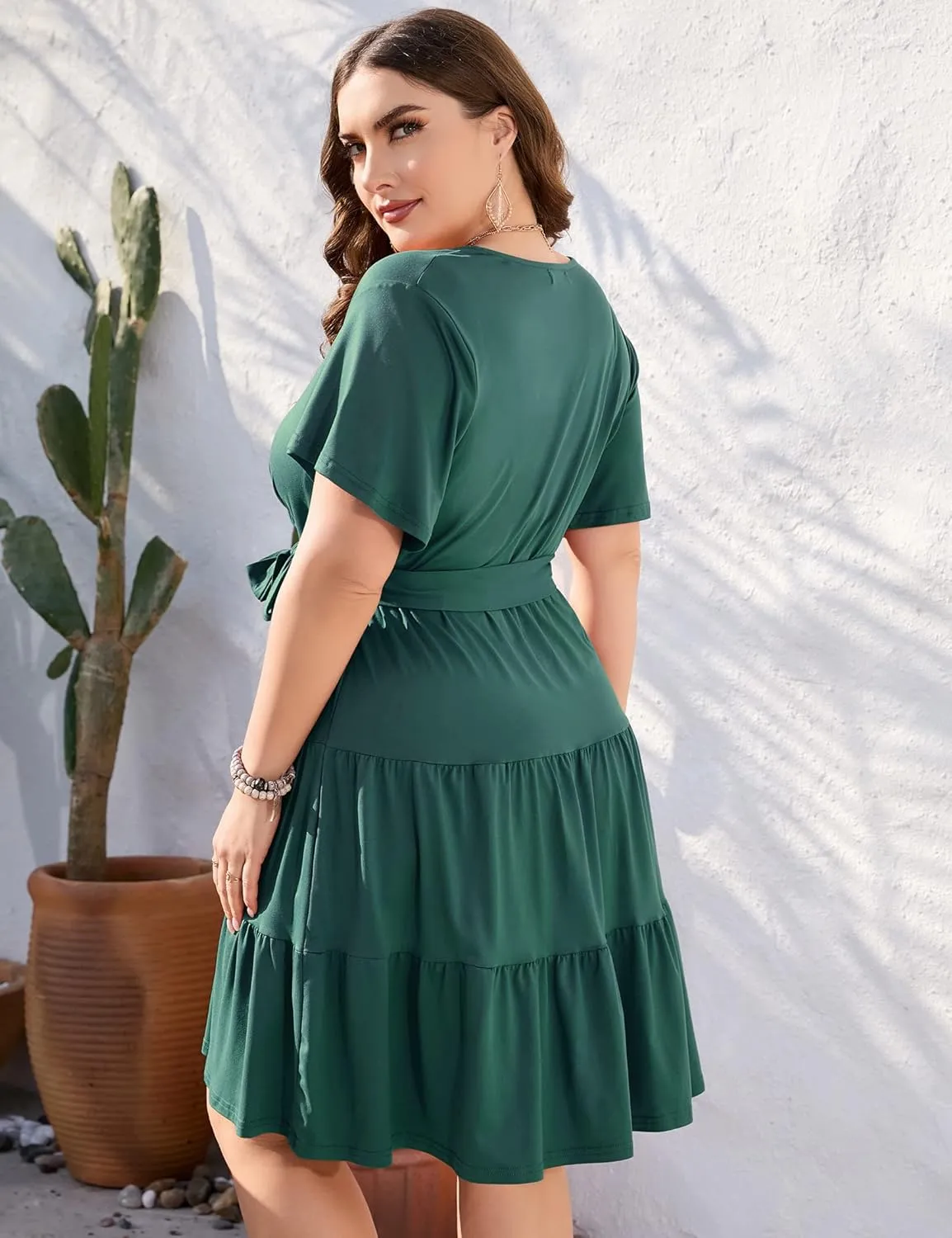 KOJOOIN Women Plus Size V Neck Wrap Dress High Waisted Short Sleeves Summer Casual Midi Dress with Belt