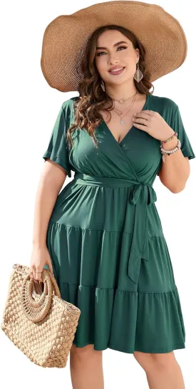 KOJOOIN Women Plus Size V Neck Wrap Dress High Waisted Short Sleeves Summer Casual Midi Dress with Belt