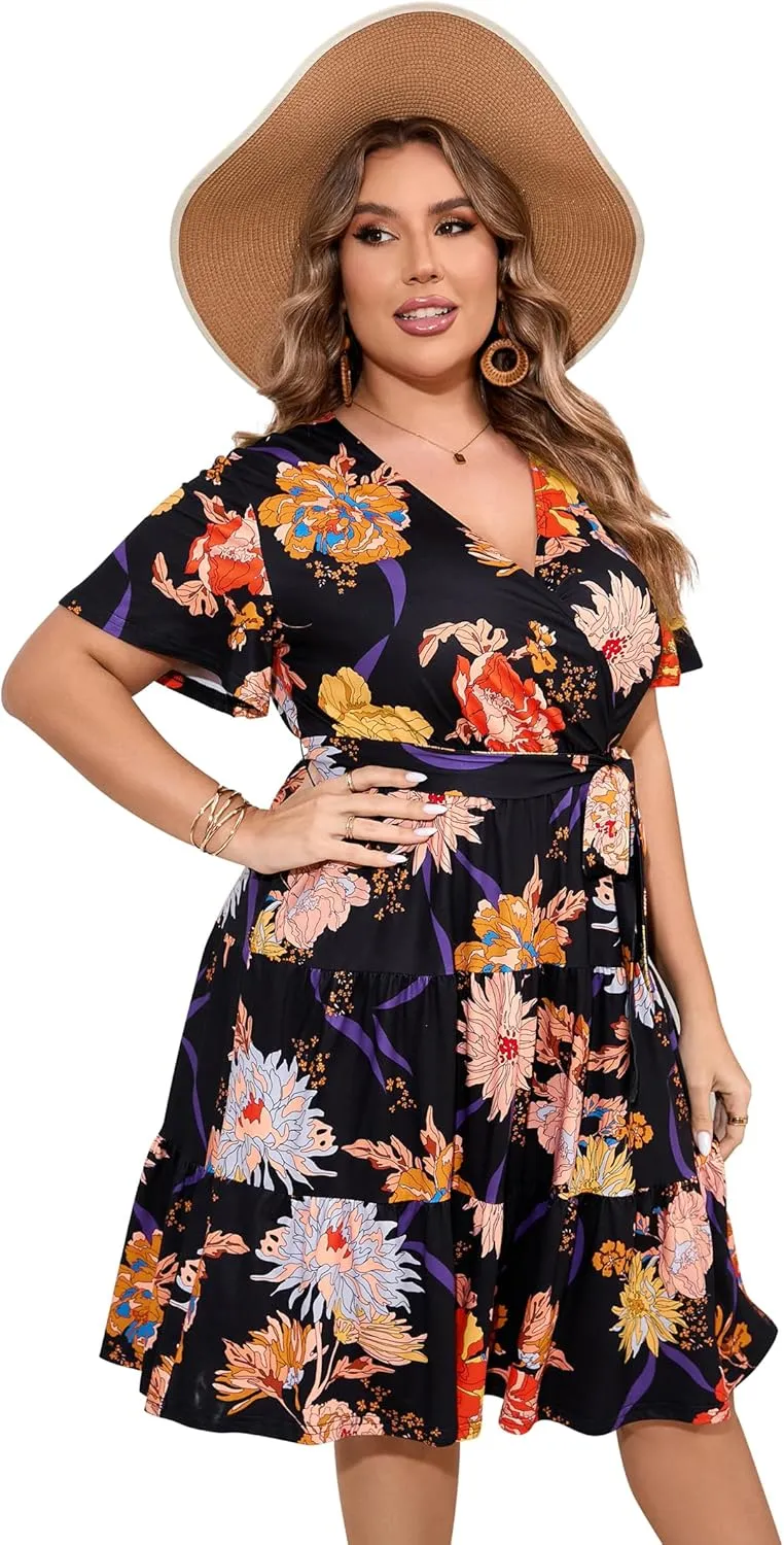 KOJOOIN Women Plus Size V Neck Wrap Dress High Waisted Short Sleeves Summer Casual Midi Dress with Belt