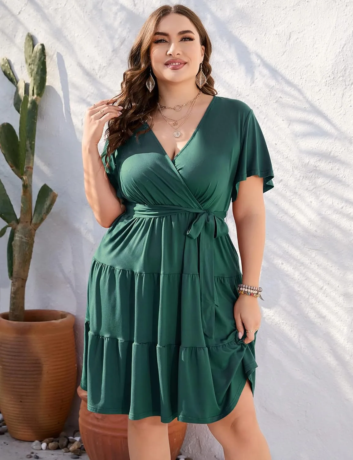 KOJOOIN Women Plus Size V Neck Wrap Dress High Waisted Short Sleeves Summer Casual Midi Dress with Belt