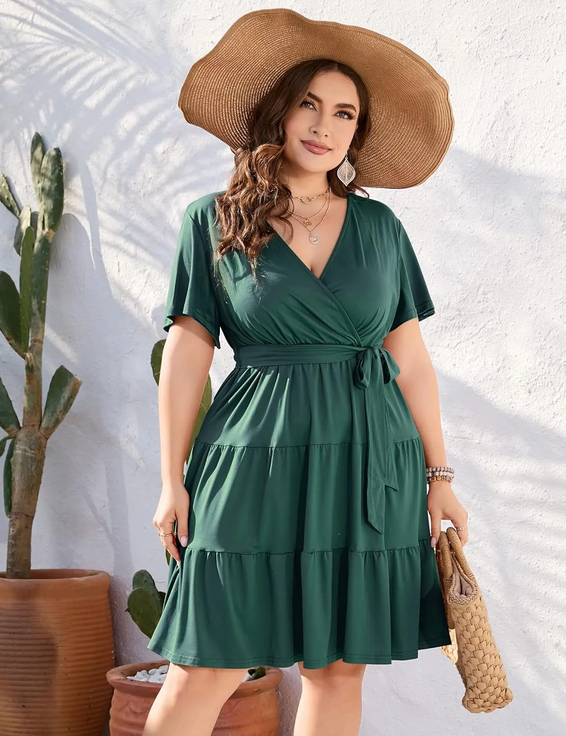 KOJOOIN Women Plus Size V Neck Wrap Dress High Waisted Short Sleeves Summer Casual Midi Dress with Belt