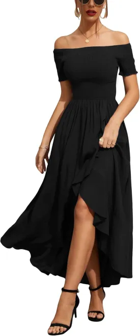 Kormei Women Short Sleeve Off Shoulder Floral High Low Flowy Summer Party Long Maxi Dress