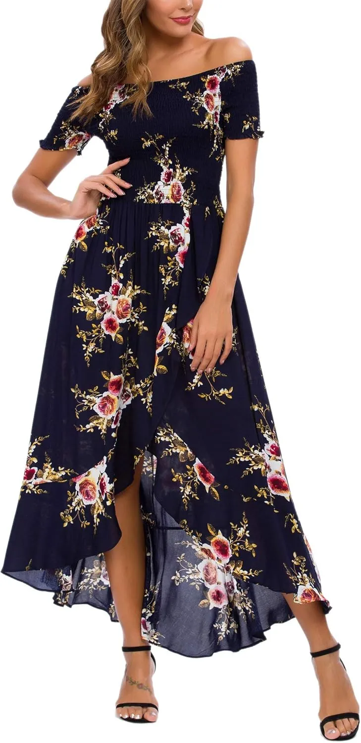 Kormei Women Short Sleeve Off Shoulder Floral High Low Flowy Summer Party Long Maxi Dress