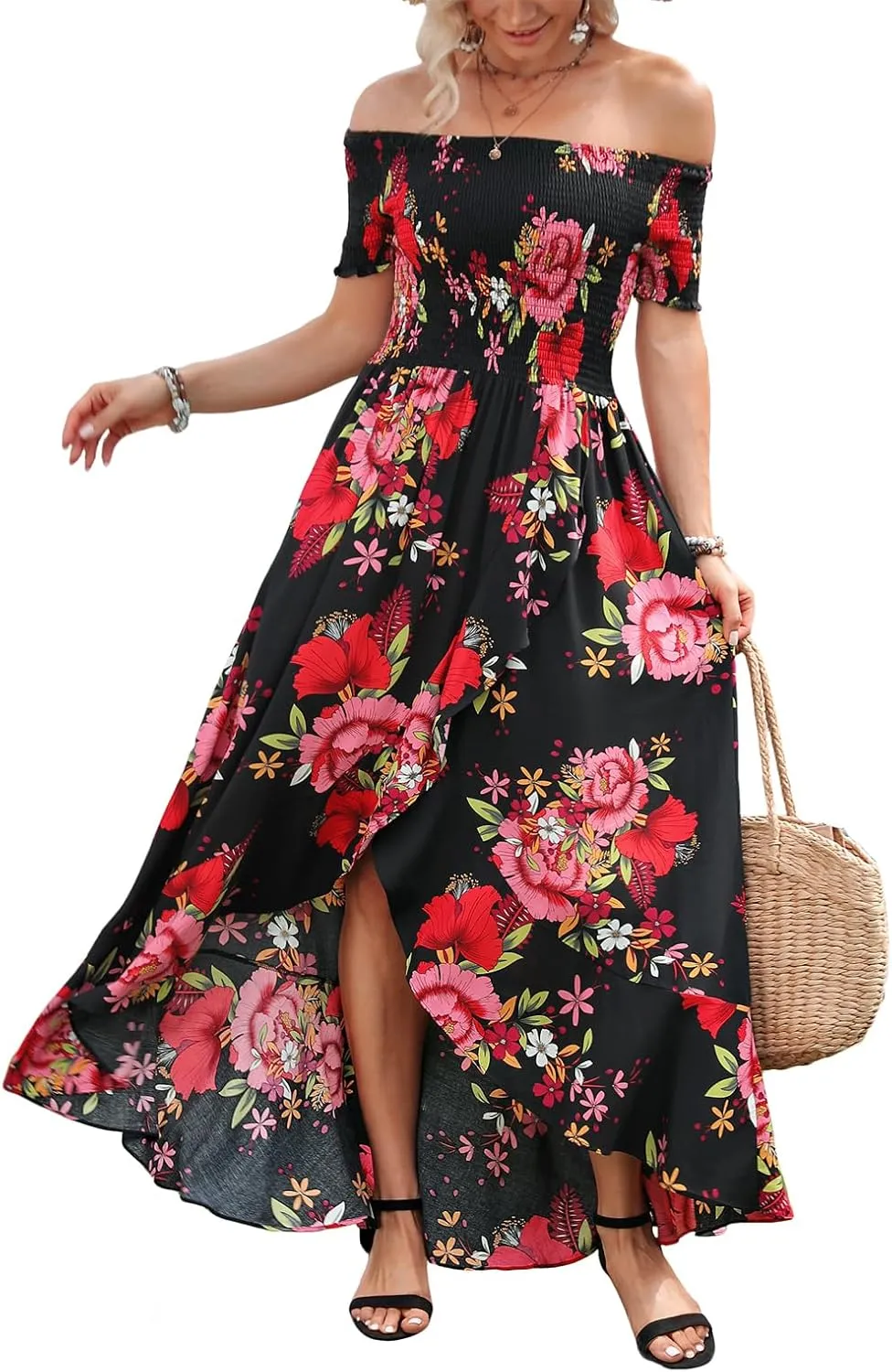 Kormei Women Short Sleeve Off Shoulder Floral High Low Flowy Summer Party Long Maxi Dress