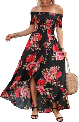 Kormei Women Short Sleeve Off Shoulder Floral High Low Flowy Summer Party Long Maxi Dress