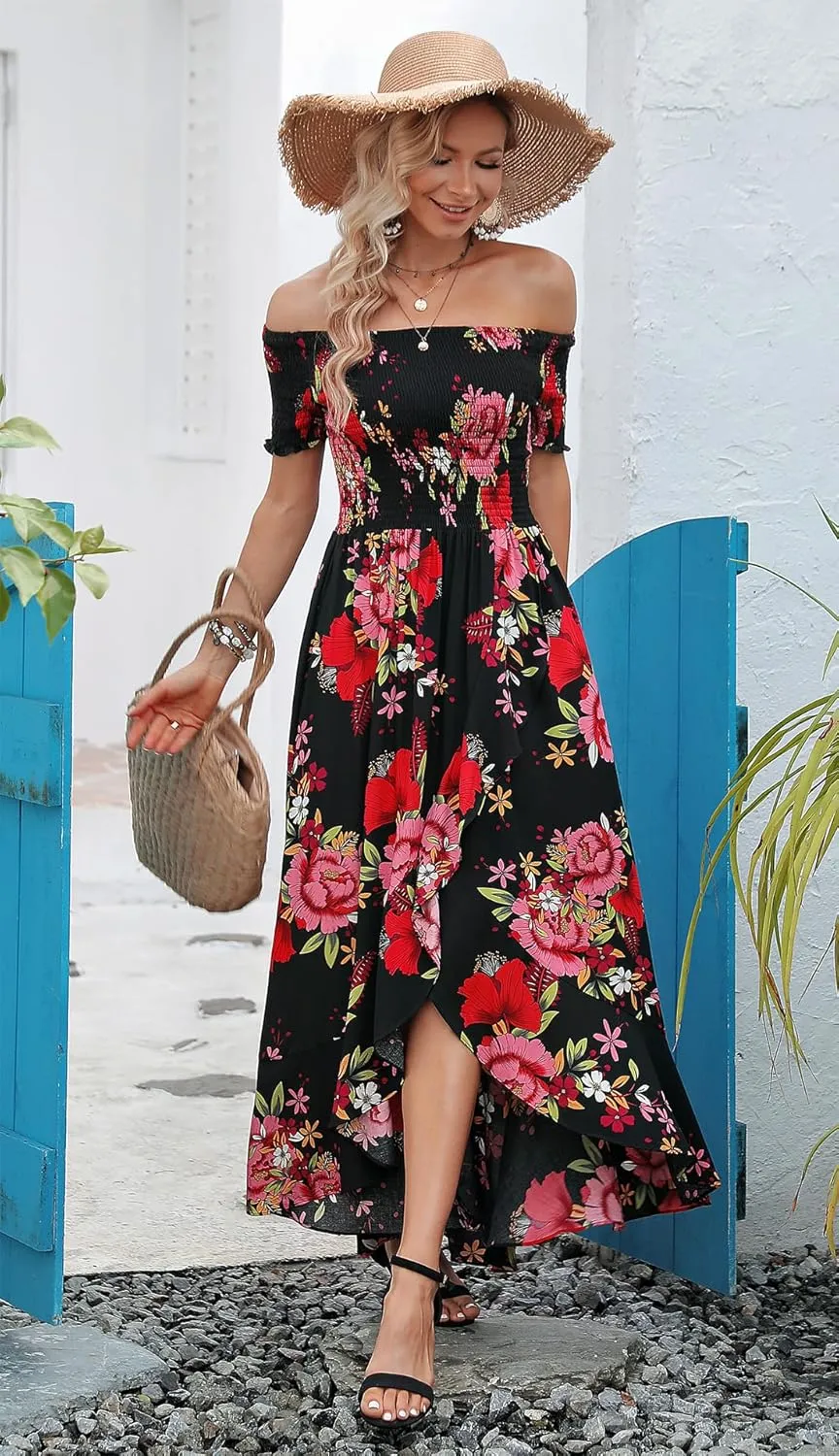 Kormei Women Short Sleeve Off Shoulder Floral High Low Flowy Summer Party Long Maxi Dress