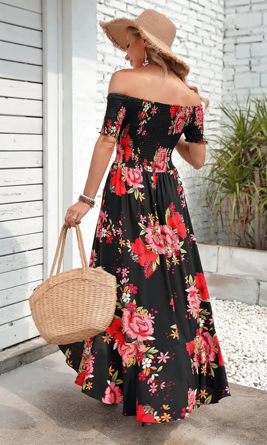 Kormei Women Short Sleeve Off Shoulder Floral High Low Flowy Summer Party Long Maxi Dress