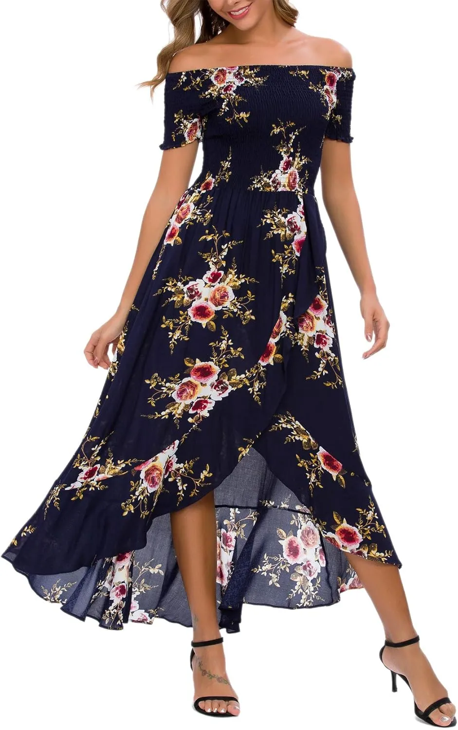 Kormei Women Short Sleeve Off Shoulder Floral High Low Flowy Summer Party Long Maxi Dress