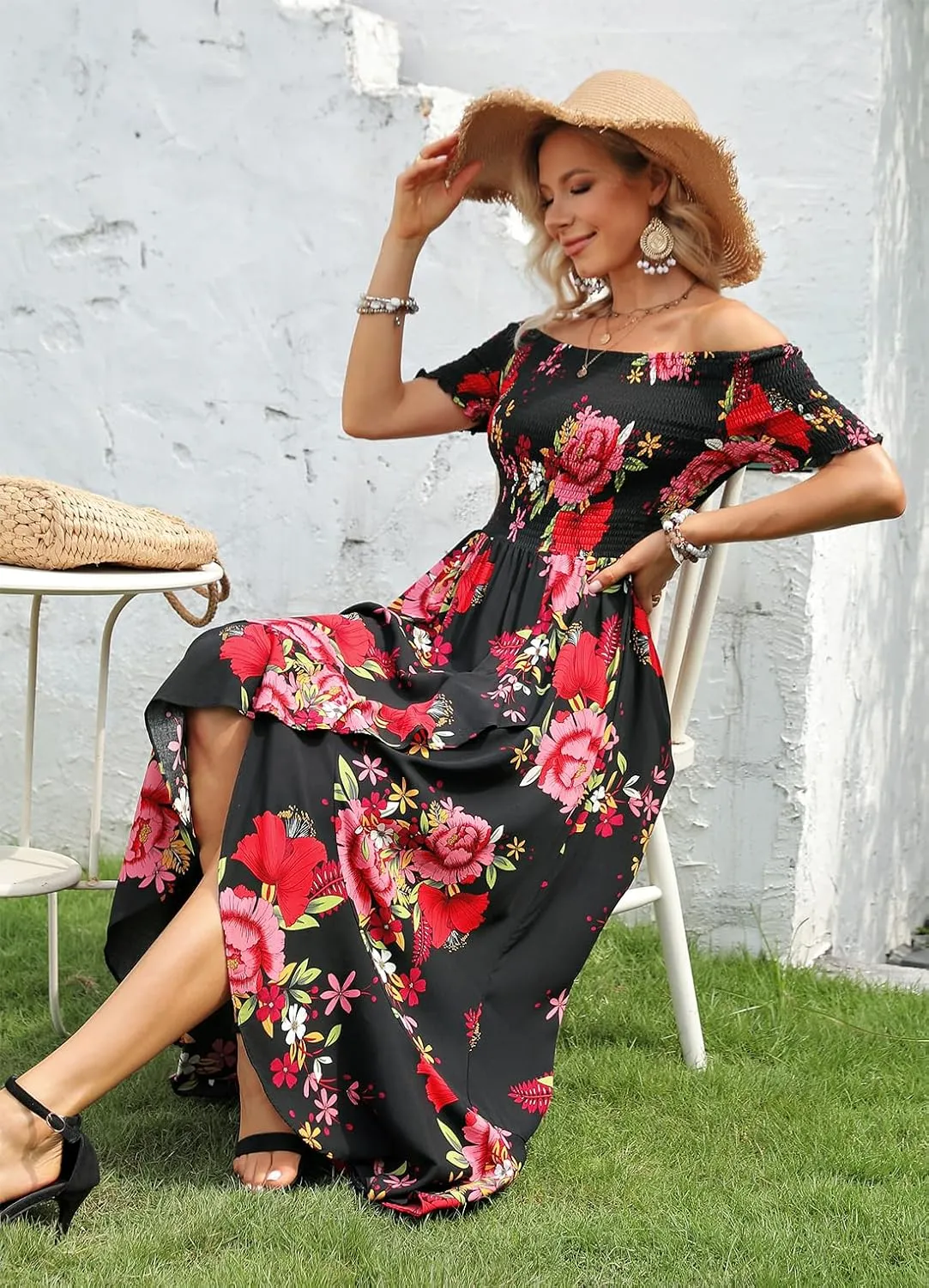 Kormei Women Short Sleeve Off Shoulder Floral High Low Flowy Summer Party Long Maxi Dress