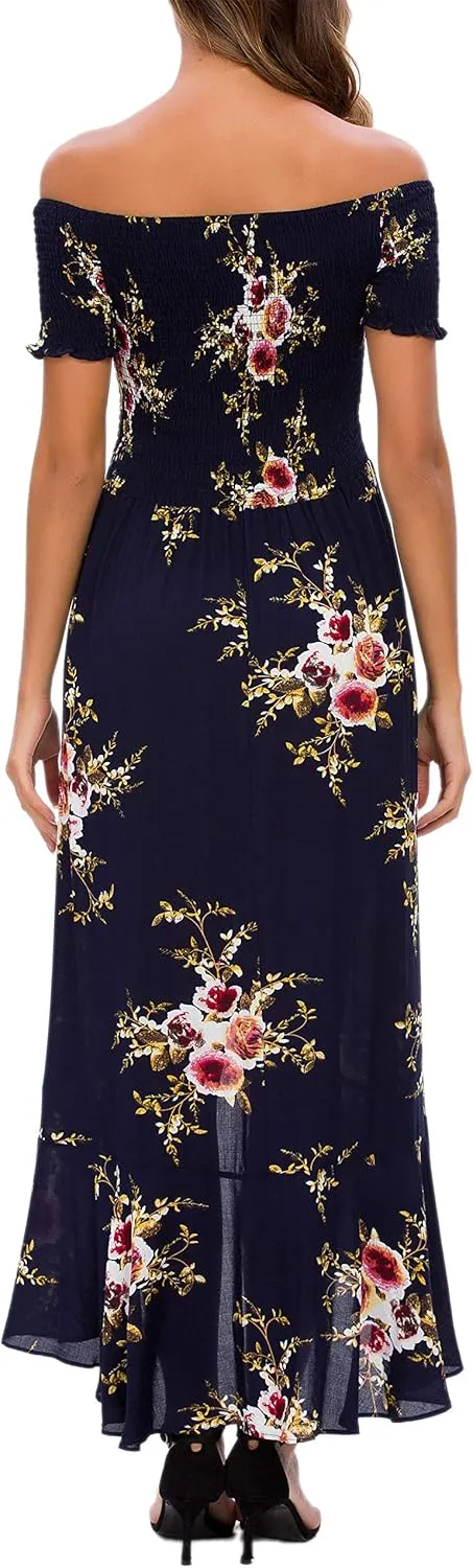 Kormei Women Short Sleeve Off Shoulder Floral High Low Flowy Summer Party Long Maxi Dress