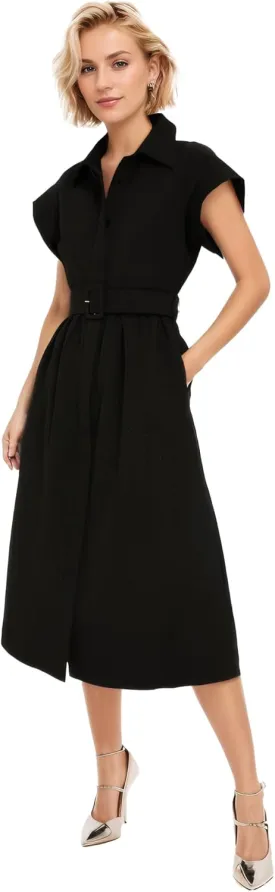 Ladyful Women Casual Button Down Shirt Dress Short Wing Sleeve Buiness Midi Shirt Dress with Belt Elegant Dress