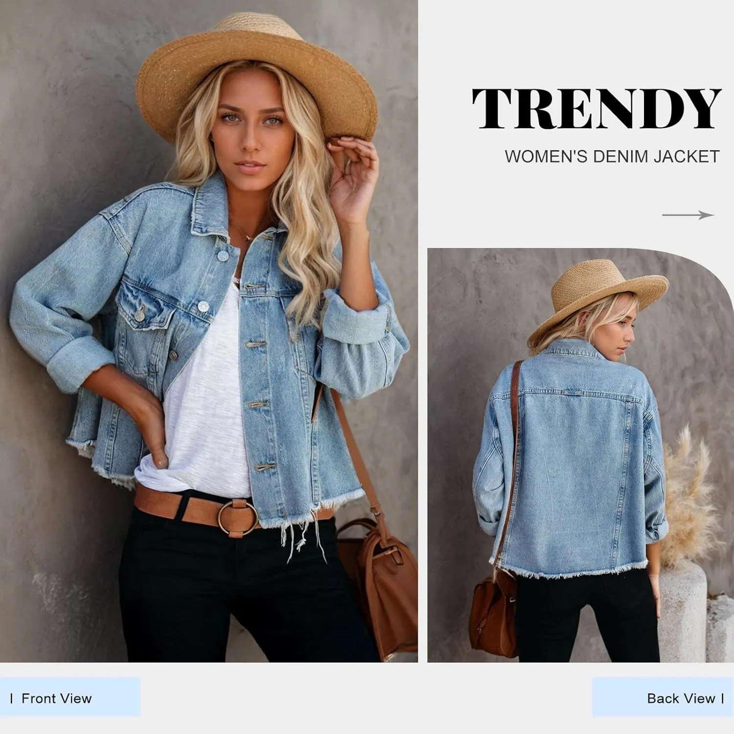 LONGBIDA Women's Jean Jacket Frayed Washed Button Up Cropped Denim Jacket With Pockets