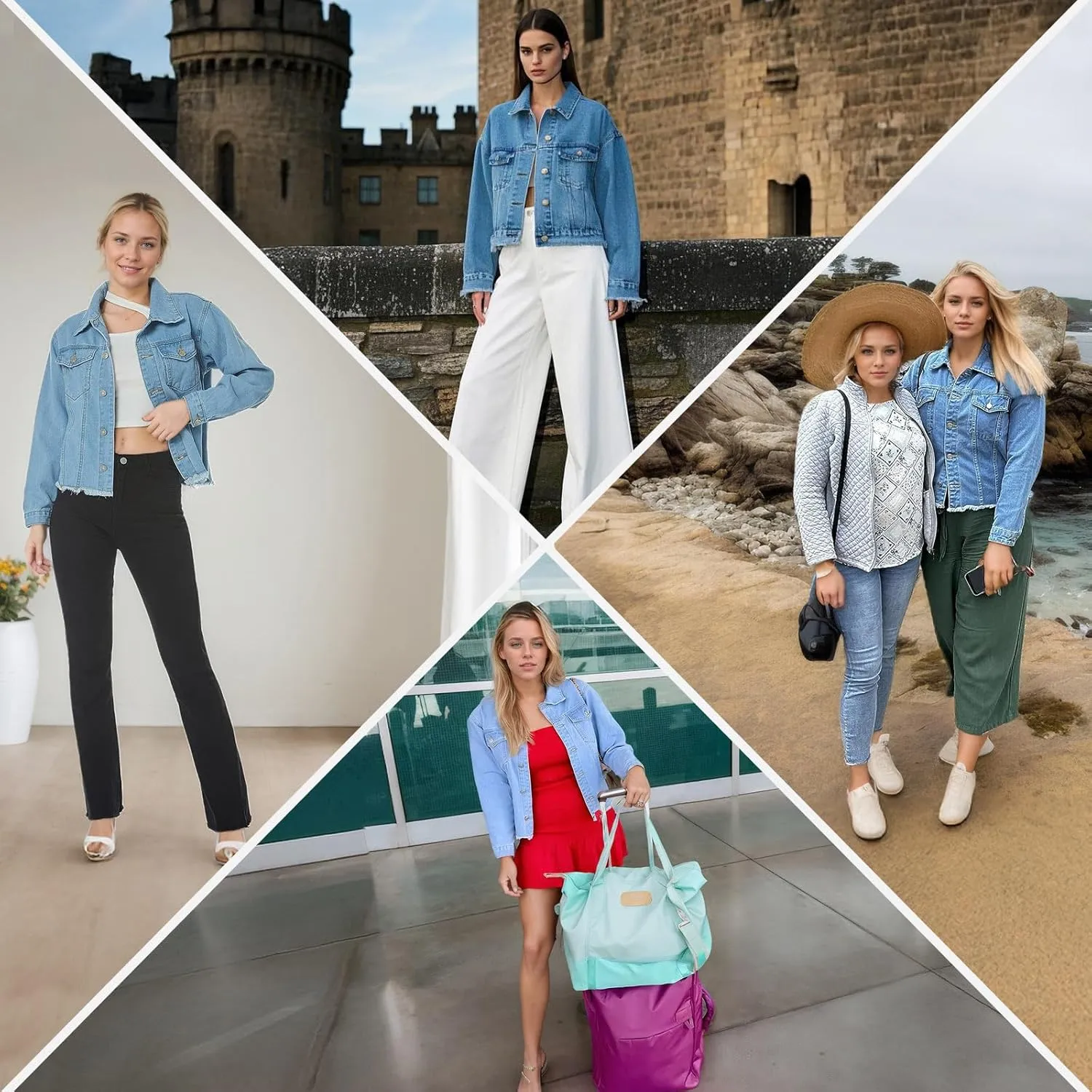 LONGBIDA Women's Jean Jacket Frayed Washed Button Up Cropped Denim Jacket With Pockets