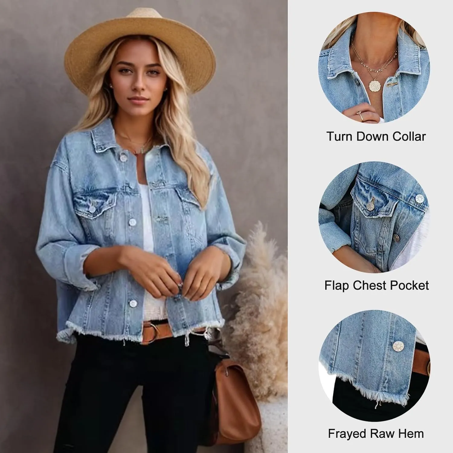 LONGBIDA Women's Jean Jacket Frayed Washed Button Up Cropped Denim Jacket With Pockets